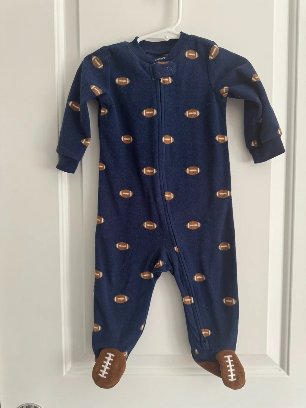Carter's Navy Football-Print Zip Footed Fleece One-Piece